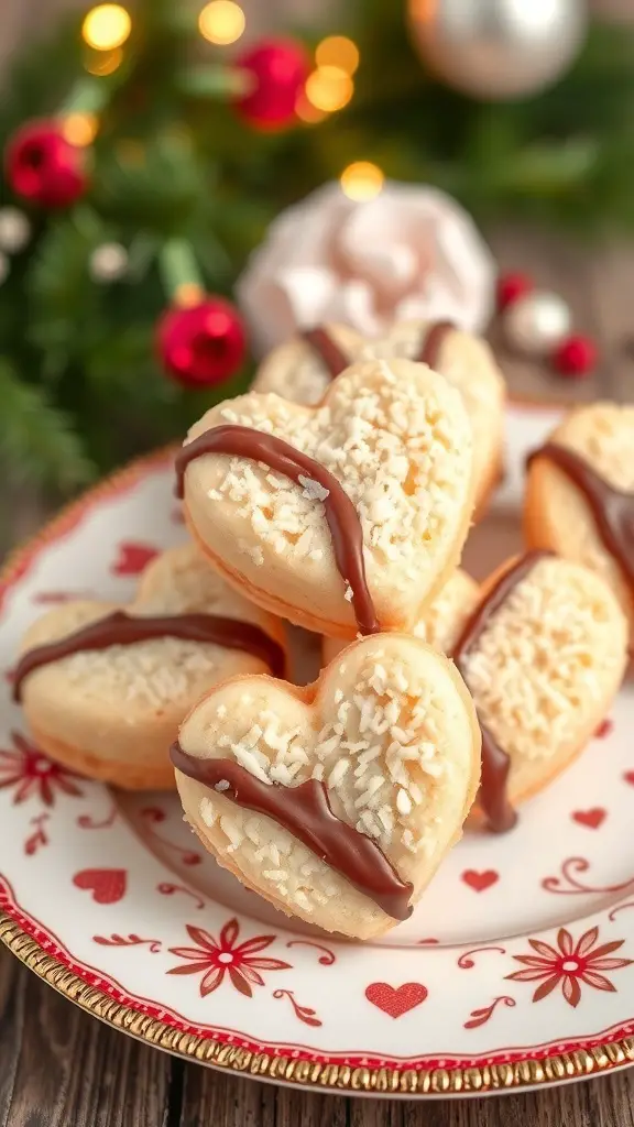 A plate of heart-shaped coconut macaroons drizzled with chocolate, decorated with festive holiday elements.