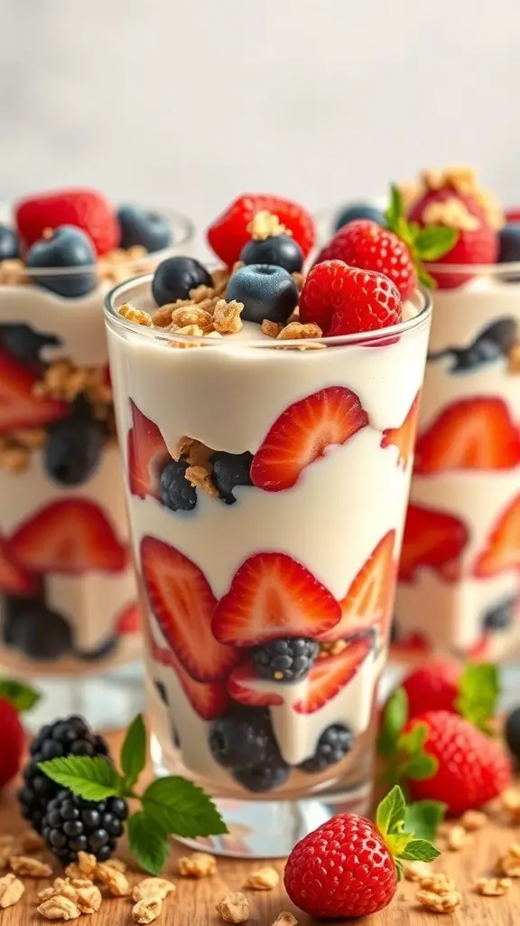 Delicious berry and yogurt parfaits with layers of yogurt, strawberries, blueberries, and granola