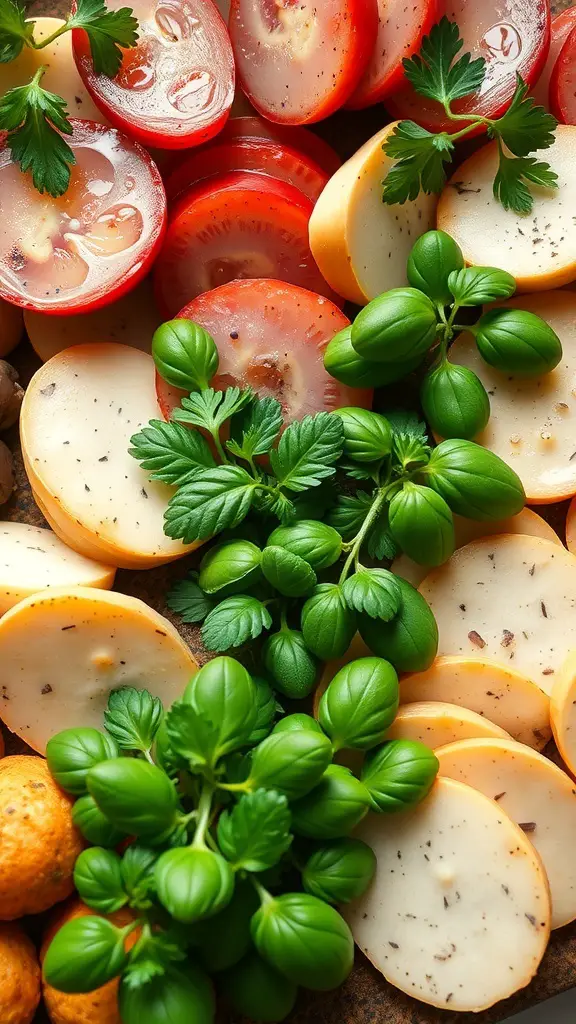 A colorful charcuterie board featuring cheeses, cherry tomatoes, and fresh herbs.