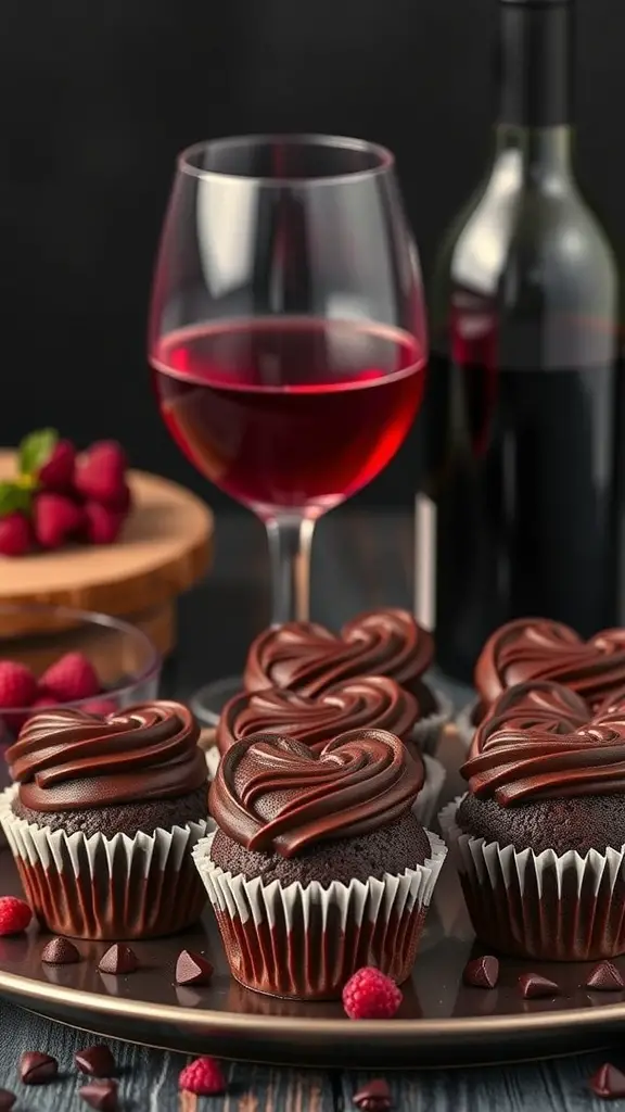 Heart-shaped chocolate cupcakes with red wine, garnished with raspberries