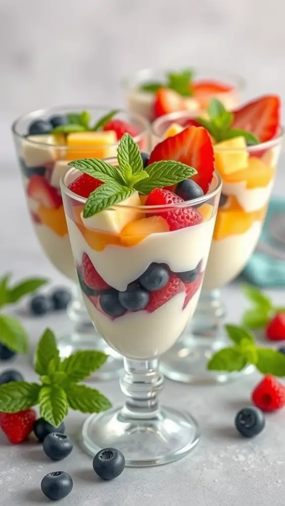 Colorful fruit and yogurt parfaits in glasses, topped with mint leaves.