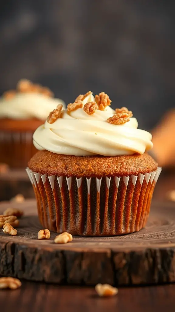 Carrot cake cupcake with cream cheese frosting and walnuts on top