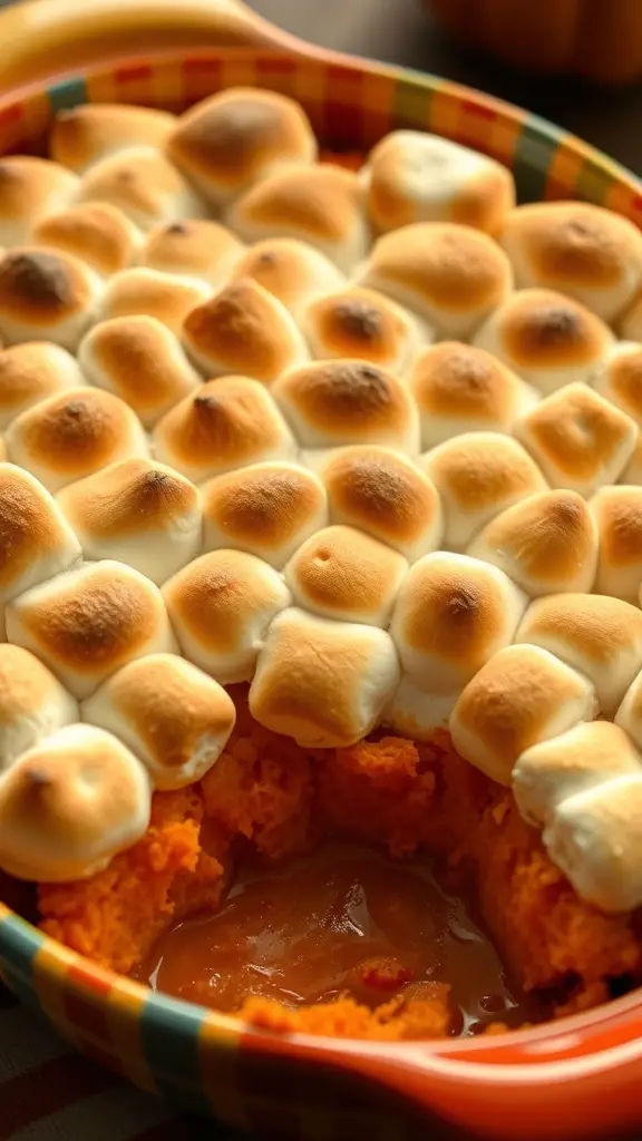 A baked sweet potato and marshmallow casserole with golden marshmallows on top.