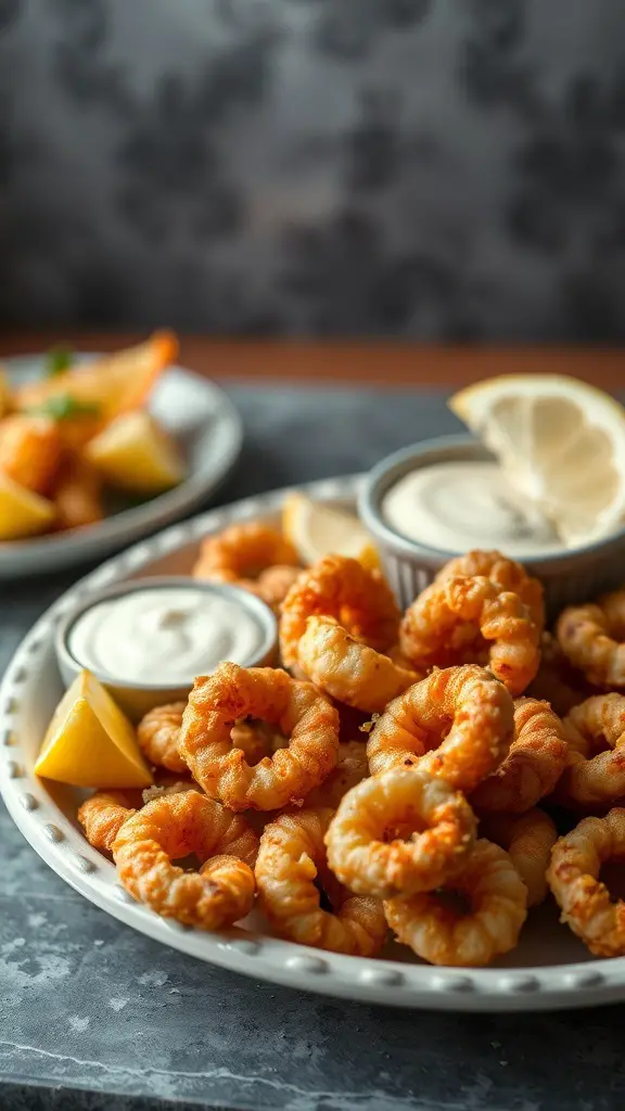 A plate of crispy calamari served with aioli and lemon wedges.