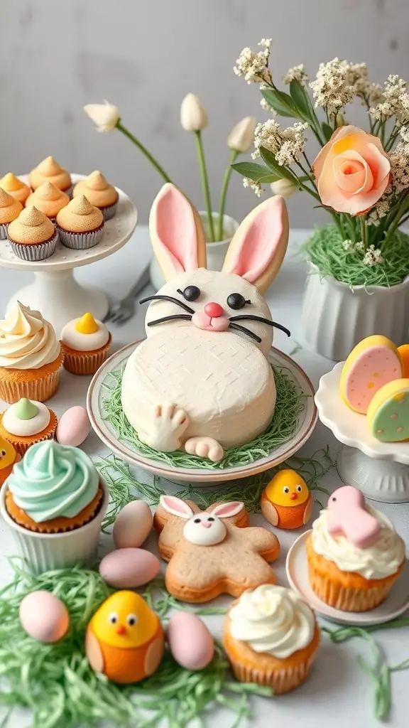 A festive Easter dessert table featuring a bunny cake, cupcakes, cookies, and colorful candies.