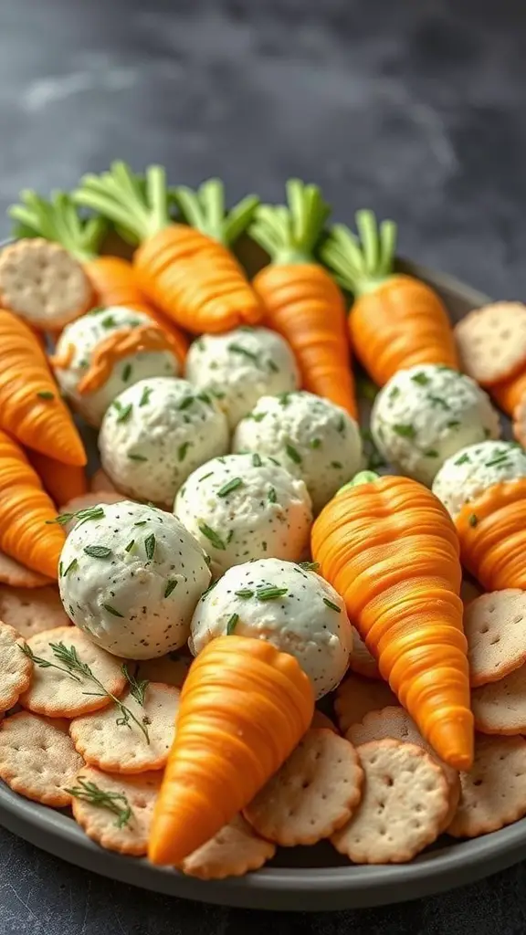 A platter of carrot-shaped cheese balls surrounded by crackers.
