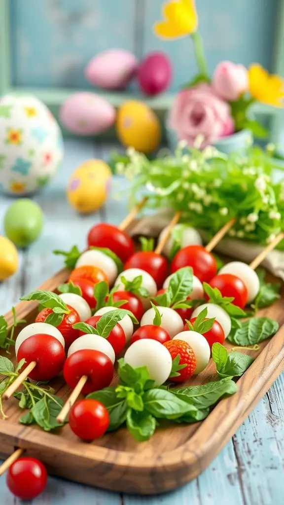 A wooden platter filled with mini Caprese skewers made of cherry tomatoes, mozzarella balls, and fresh basil, surrounded by Easter decorations.