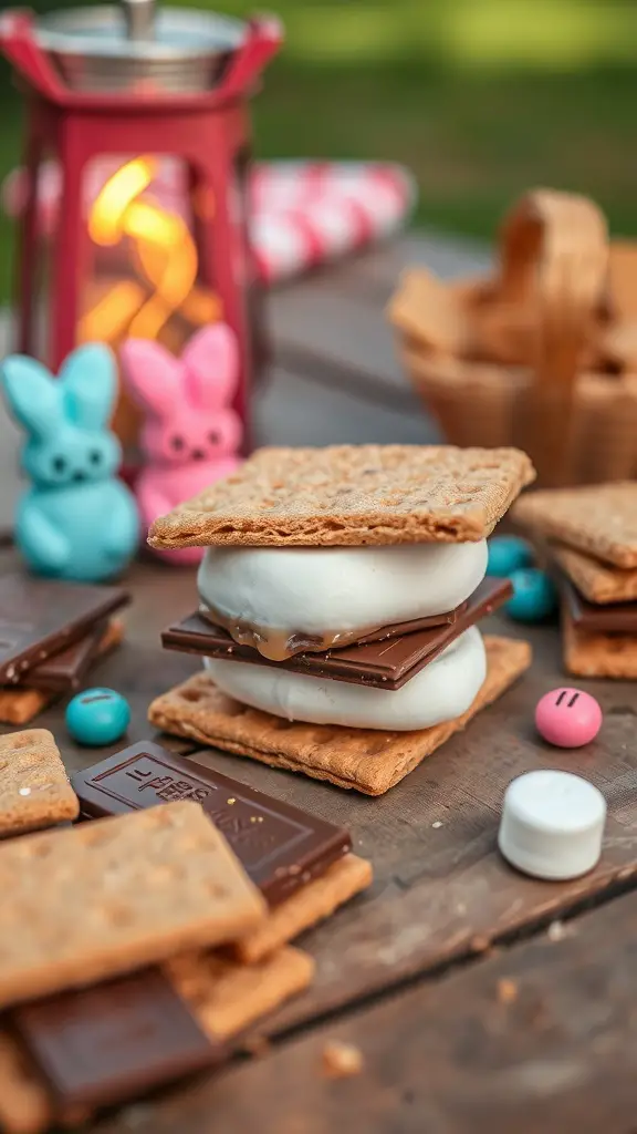 A close-up of Peep S'mores with colorful Peeps, chocolate, and graham crackers.