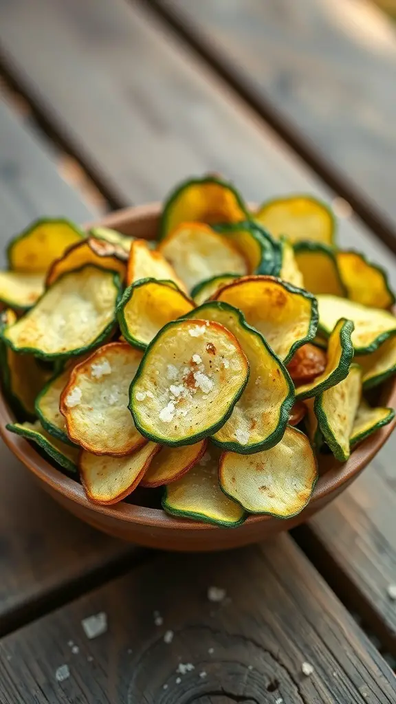 A bowl of crispy zucchini chips sprinkled with sea salt.