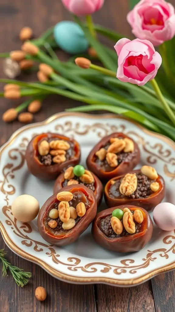 A plate of chocolate egg stuffed dates with nuts and colorful decorations, surrounded by flowers and Easter eggs.