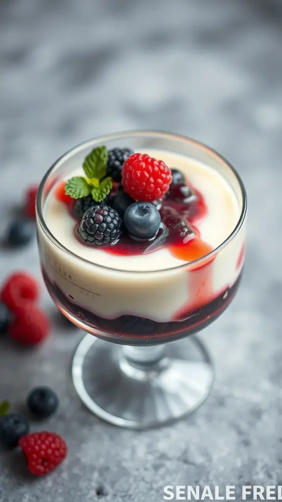 A glass of panna cotta topped with berry compote, garnished with fresh berries and mint.