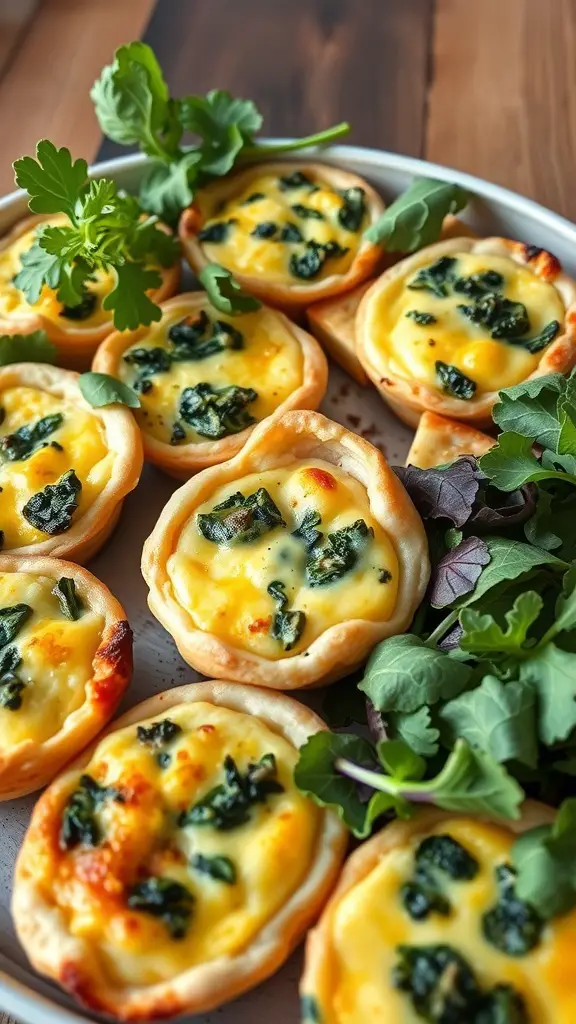 A platter of mini quiches with spinach and cheese, garnished with fresh greens.