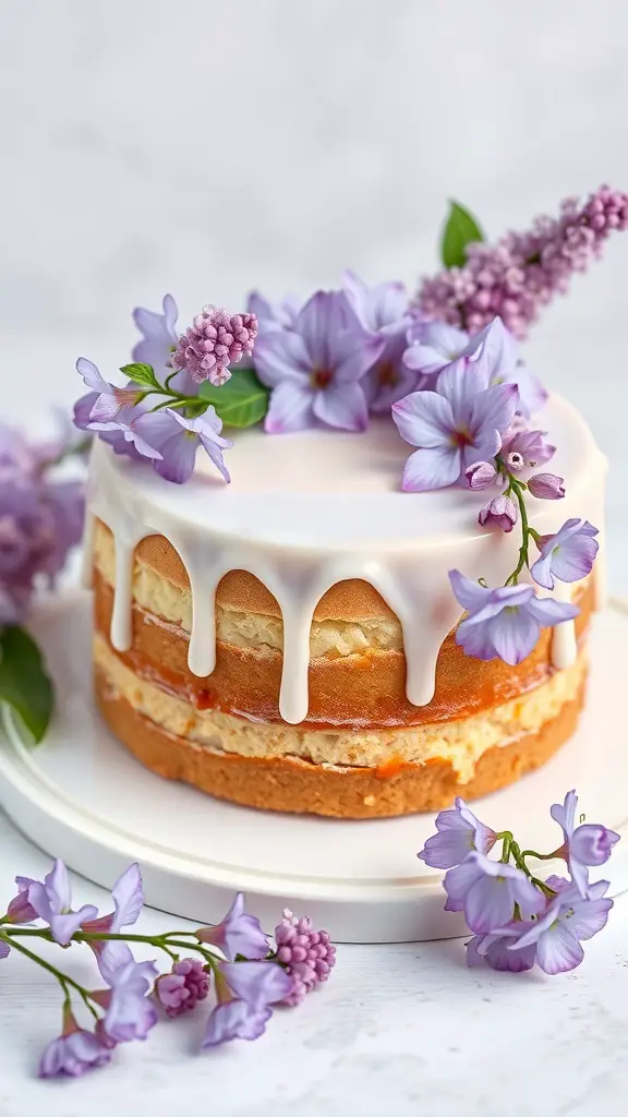 A beautiful lilac infused sponge cake decorated with fresh lilac flowers and a white glaze.