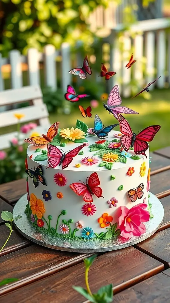 A beautifully decorated cake with colorful butterflies and flowers, set in a garden.