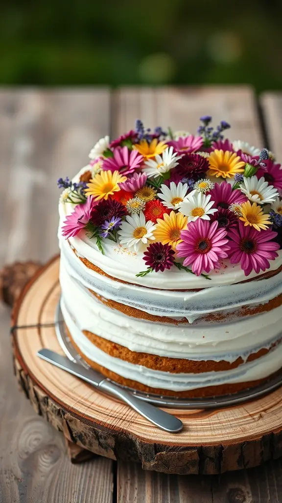 A naked wildflower cake decorated with colorful flowers on top, placed on a wooden board.