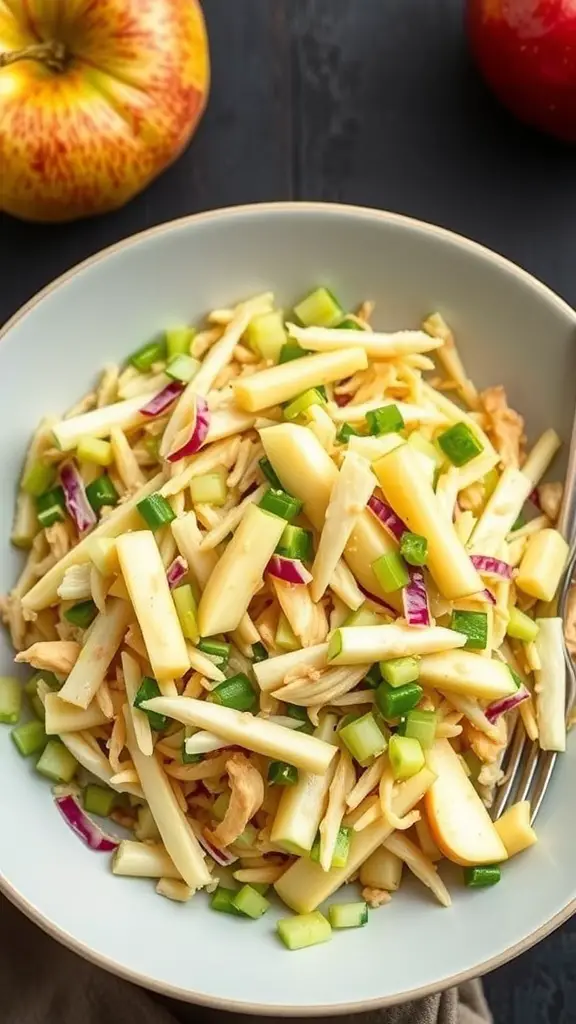 A bowl of green apple and celery slaw with sliced apples and celery on a dark background.