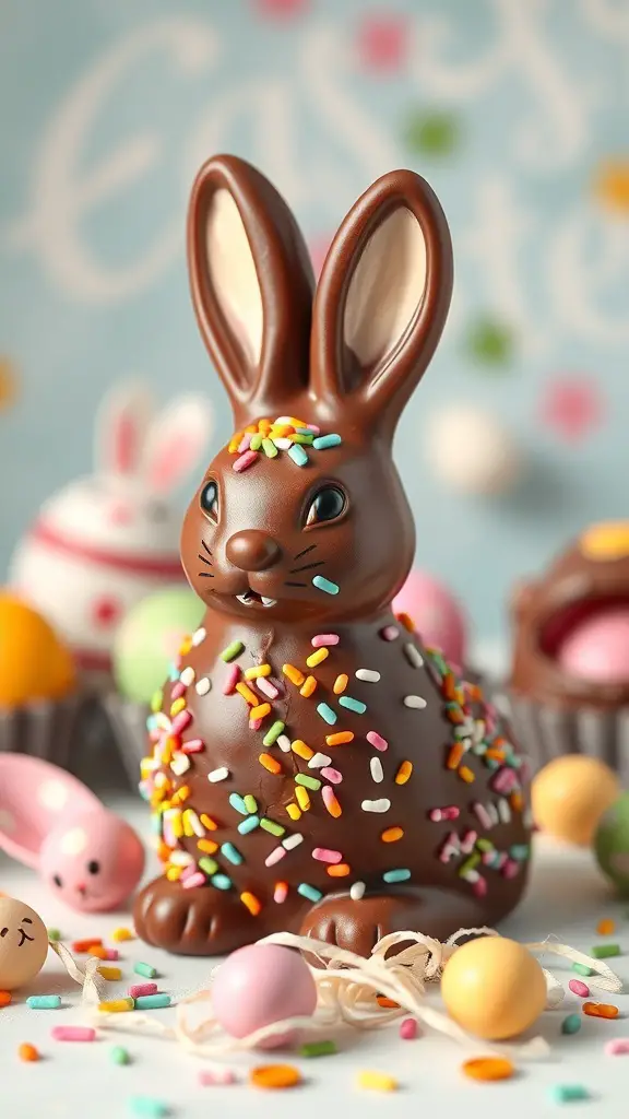 Chocolate bunny covered in sprinkles, surrounded by colorful candy and Easter decorations.