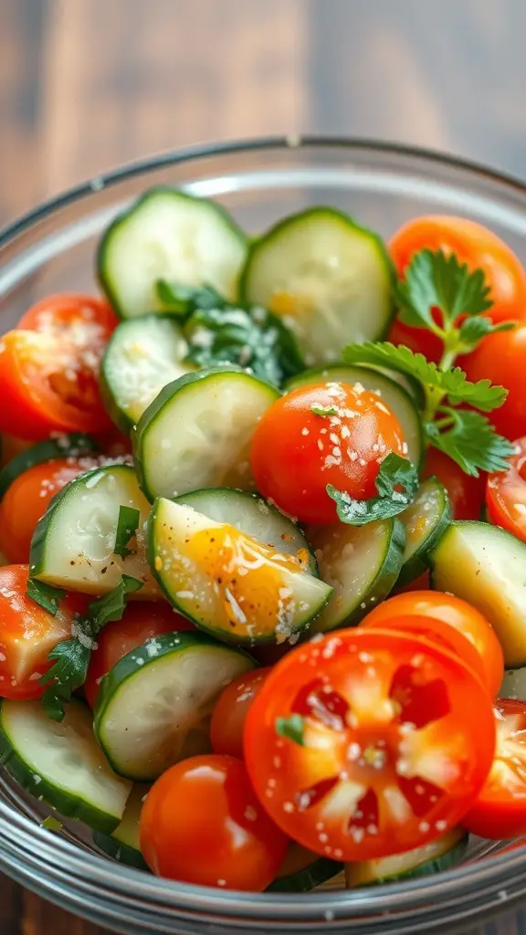 A bowl of cucumber and tomato salad with fresh herbs