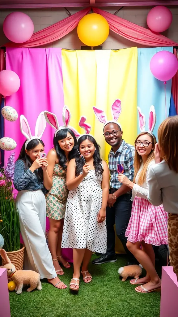 A group of friends in a whimsical Easter photo booth with colorful backgrounds and bunny ears.