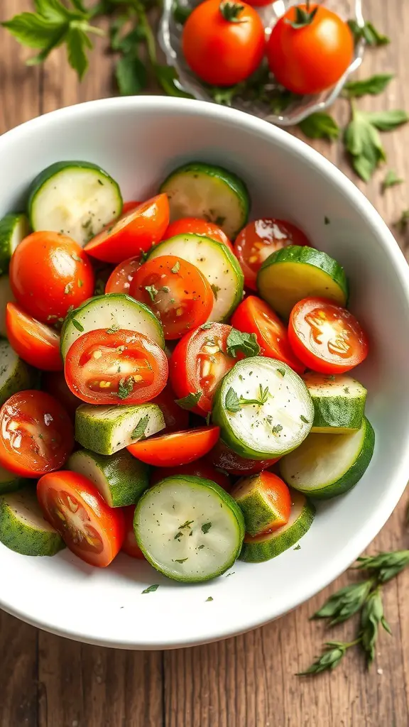 A bowl of herbed cucumber and tomato salad with fresh ingredients.