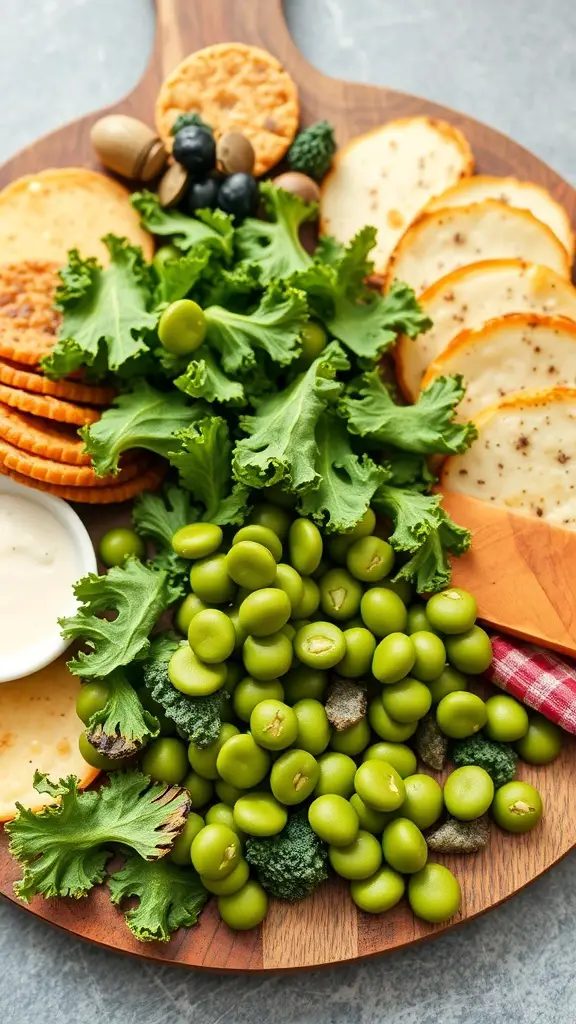 A green charcuterie board featuring fresh greens, olives, crackers, and cheese slices.