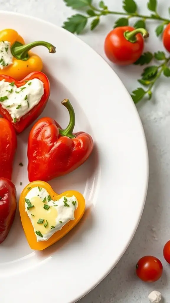 Heart-shaped stuffed mini peppers with cream cheese on a white plate, garnished with herbs and surrounded by cherry tomatoes.