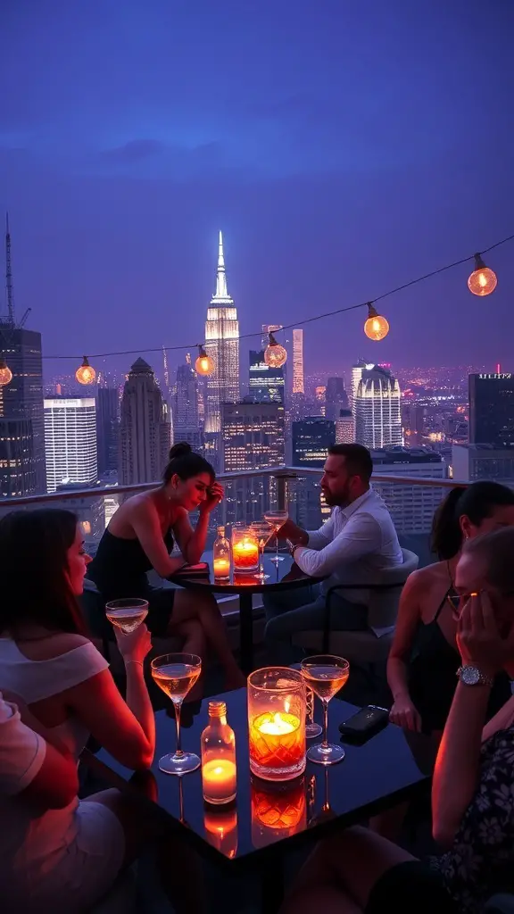 A chic rooftop cocktail party with guests enjoying drinks against a city skyline at night.
