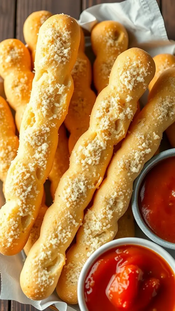 A basket of garlic Parmesan breadsticks with marinara sauce