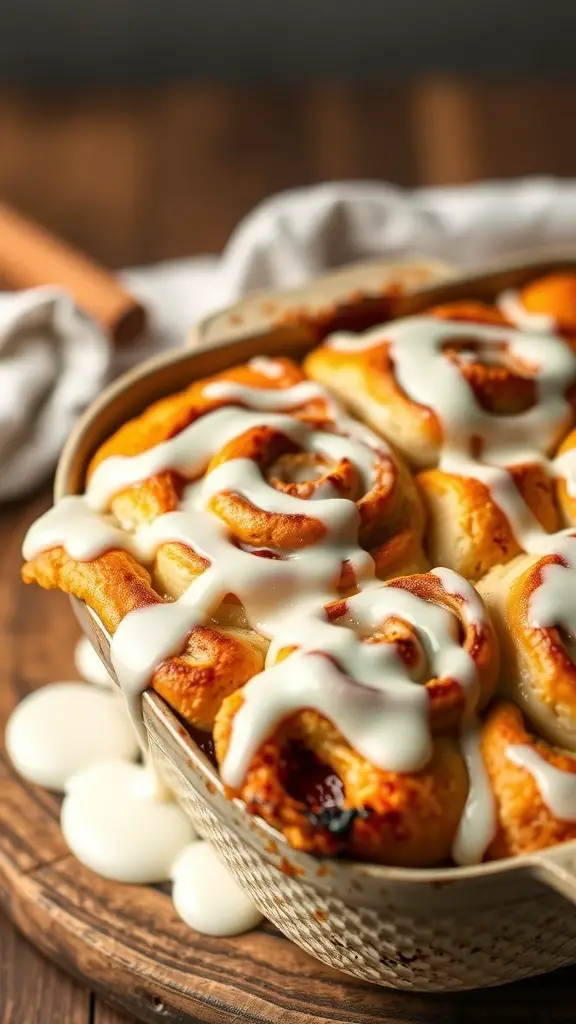 A delicious cinnamon roll casserole topped with icing, served in a baking dish.