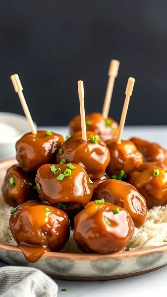 A plate of honey glazed meatballs with toothpicks, garnished with green onions.