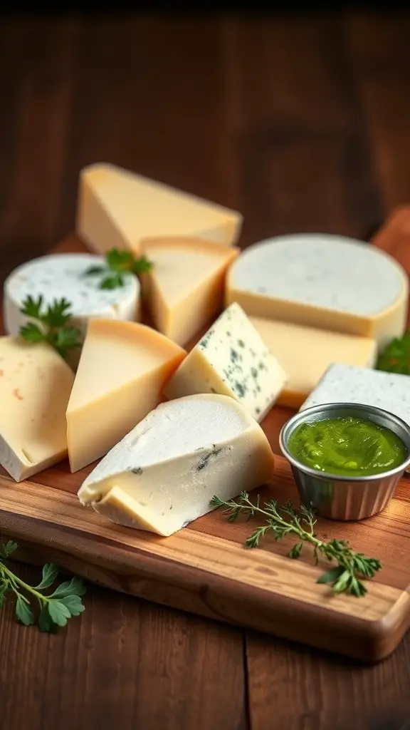 A selection of Irish cheeses and spreads on a wooden charcuterie board, featuring cheddar, blue cheese, and a vibrant green dip.