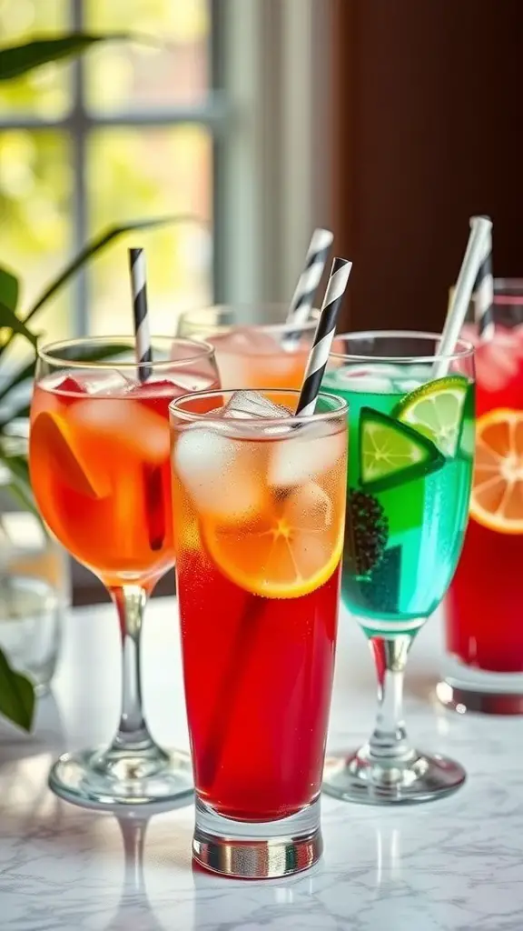 Colorful non-alcoholic drinks in glasses with fruits and straws
