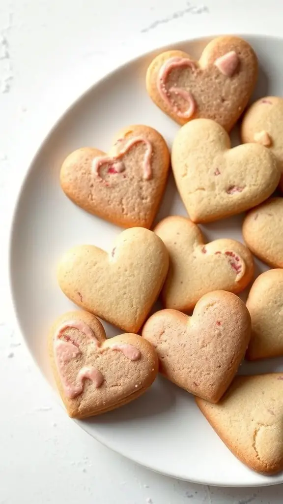 A plate of heart-shaped cookies with some decorated with icing.