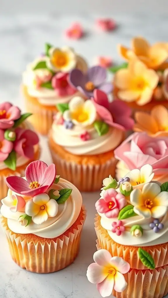 Colorful spring flower cupcakes with edible decorations