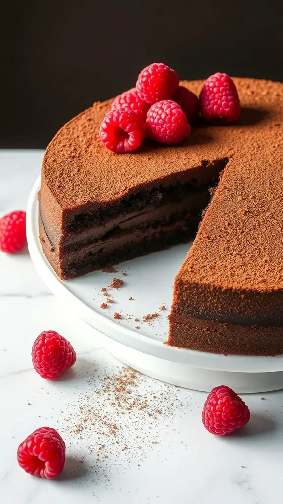 A flourless chocolate cake topped with raspberries on a white plate.
