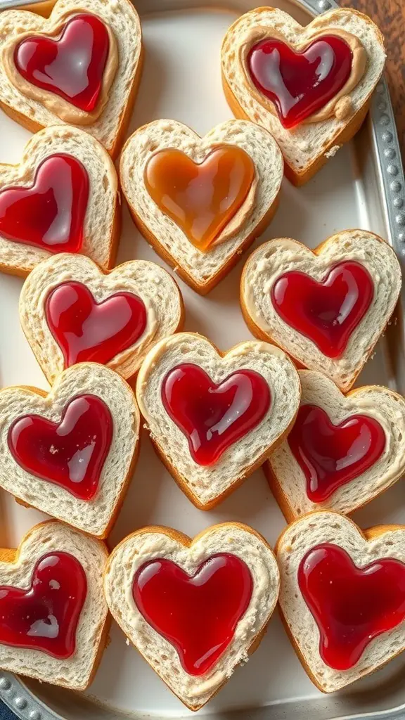 Heart-shaped sandwiches with jelly and peanut butter filling