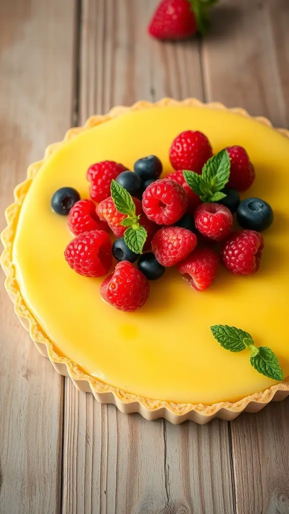 A lemon curd tart topped with fresh berries and mint leaves on a wooden table.