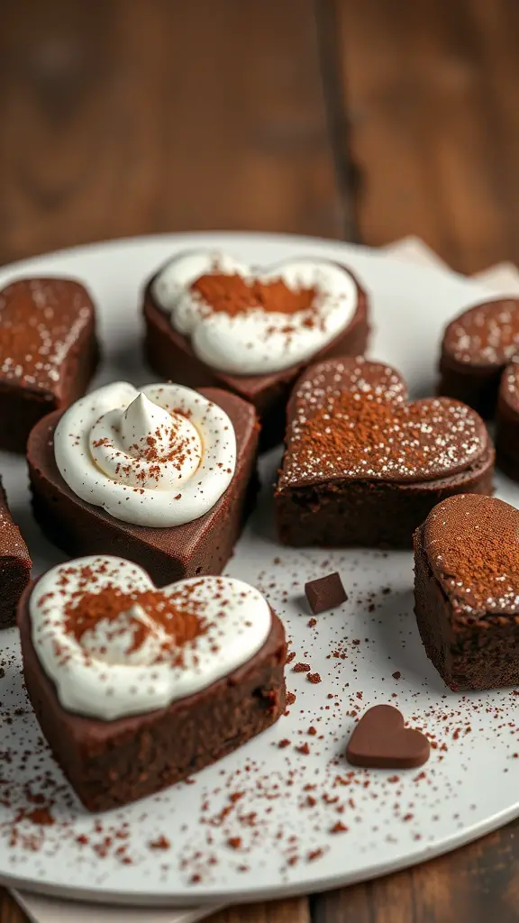 A plate of heart-shaped brownies topped with whipped cream and cocoa powder.