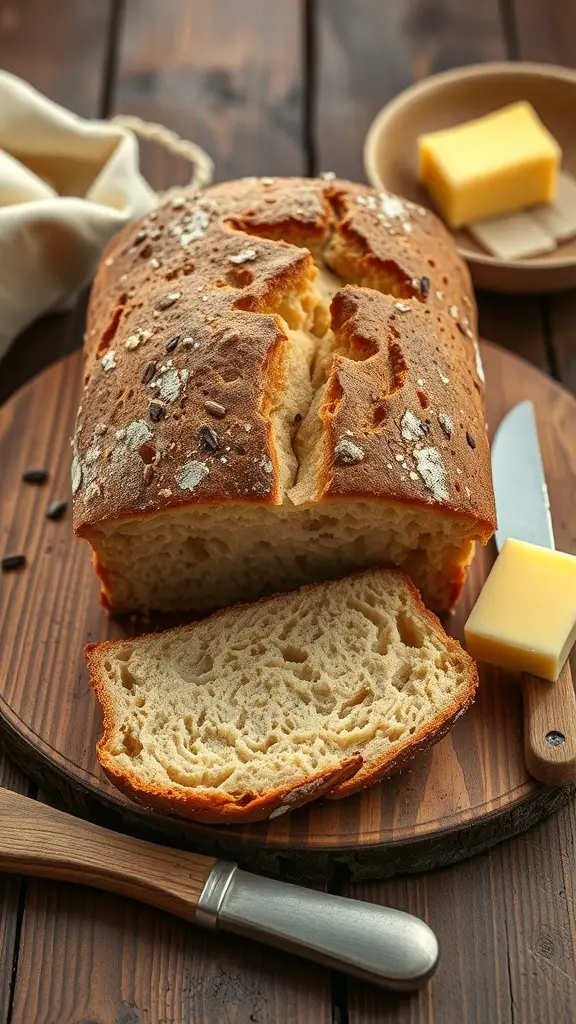 A loaf of traditional Irish soda bread with a golden crust, sliced on a wooden board, accompanied by butter.