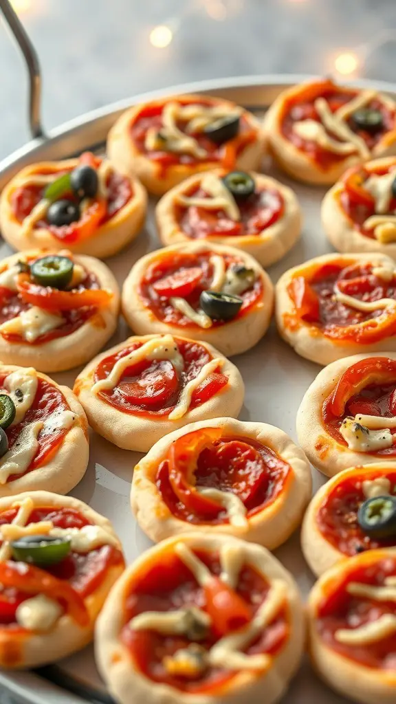 A platter of mini pizzas with various toppings like pepperoni, olives, and bell peppers.