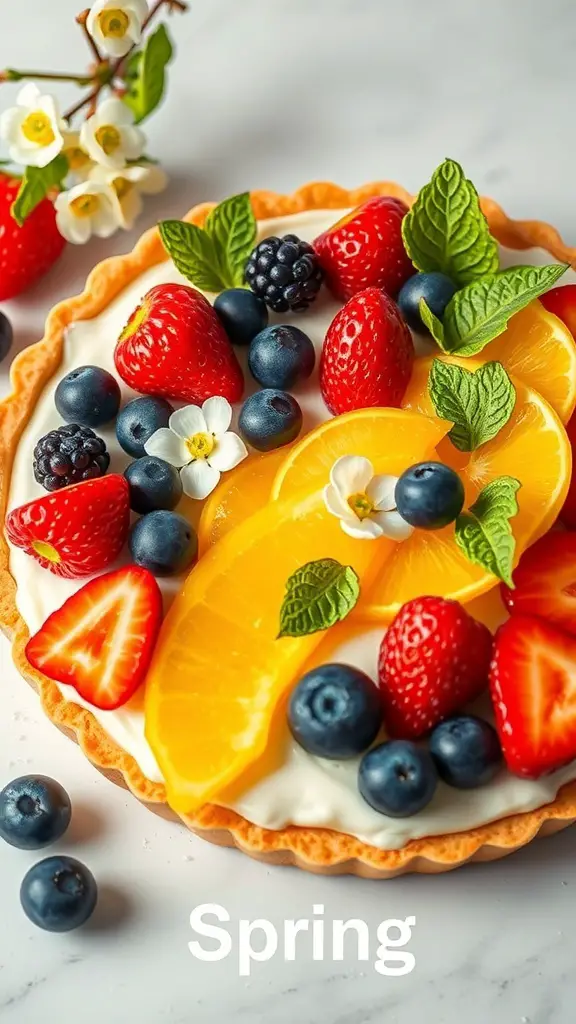 A colorful Spring Fruit Tart topped with strawberries, blueberries, blackberries, and orange slices on a marble surface.