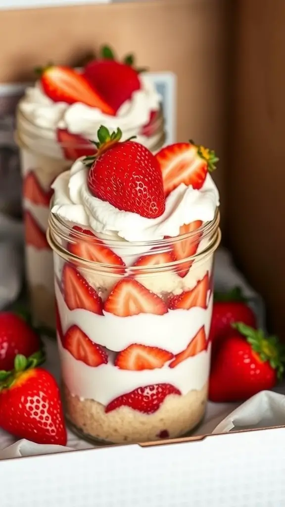 Two jars of strawberry shortcake with layers of cake, strawberries, and whipped cream, surrounded by fresh strawberries.