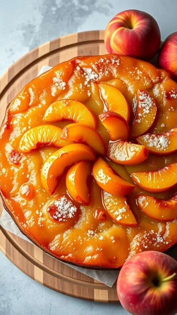 A peach upside-down cake topped with sliced peaches, placed on a wooden board with fresh peaches beside it.