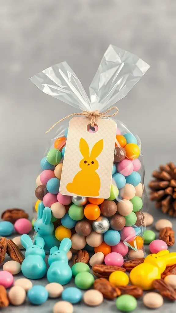 A clear bag filled with colorful candies and bunny-shaped treats, tied with twine and a bunny tag.