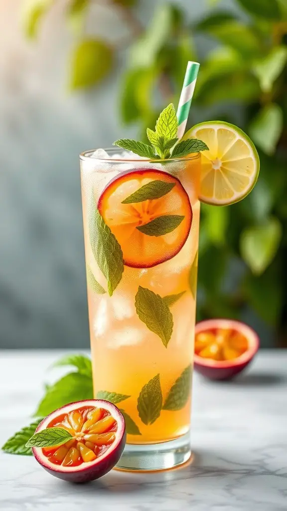 A refreshing Passion Fruit Mojito in a tall glass with mint leaves and lime slices.