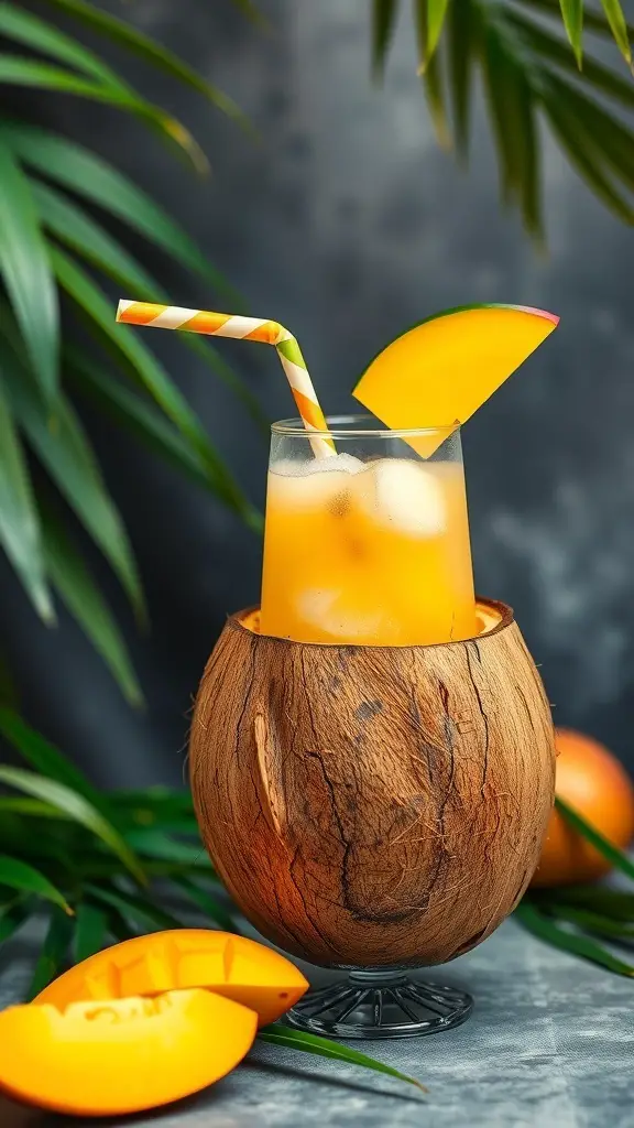 A refreshing Mango Coconut Refresher mocktail served in a coconut shell with a slice of mango on the rim.