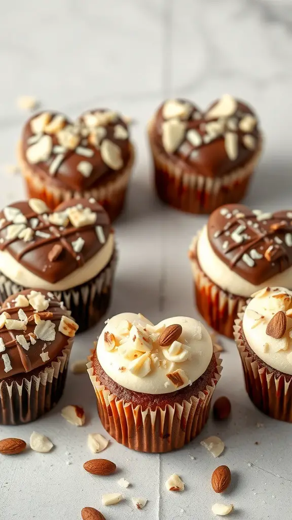 Heart-shaped cupcakes with chocolate frosting and almond toppings