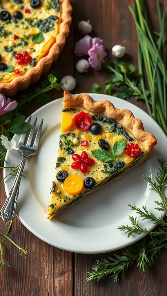 A slice of colorful spring vegetable quiche on a plate with a fork, surrounded by fresh herbs and flowers.
