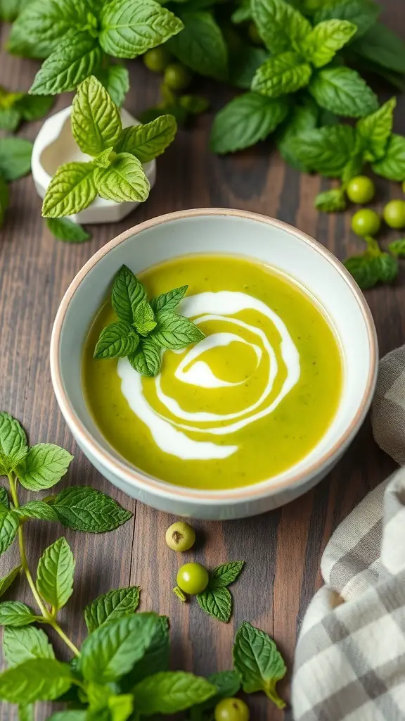 A bowl of Spring Pea and Mint Soup garnished with mint leaves, surrounded by fresh mint and green peas.