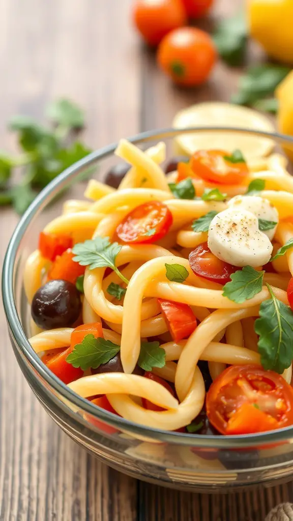 A colorful bowl of rainbow veggie pasta salad with cherry tomatoes, bell peppers, and olives.